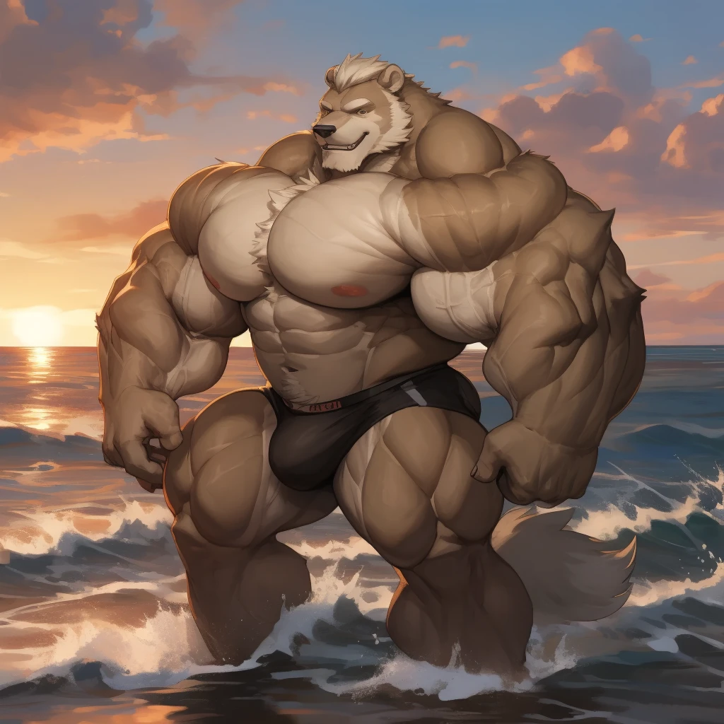 masterpiece, 8k, Hight detailed, a white polar bear standing in beach, sea, wave, huge and muscular, old polar bear, sunset, twilight, swim shorts, bulge, white hair, white Beard, huge white fur, wearing black swim shorts, bearded white, smirking expression, facial hair, (view (full body)) detailed face, face, detailed eyes, eyes, really big muscle, bigger muscle, huge thick fur, thick white fur,very big muscular, over sized muscle, biggest muscle, big pec muscular, biggest pec muscle, detailed muscle, realistic rendering, CG realistic, 3d realistic, photography, background