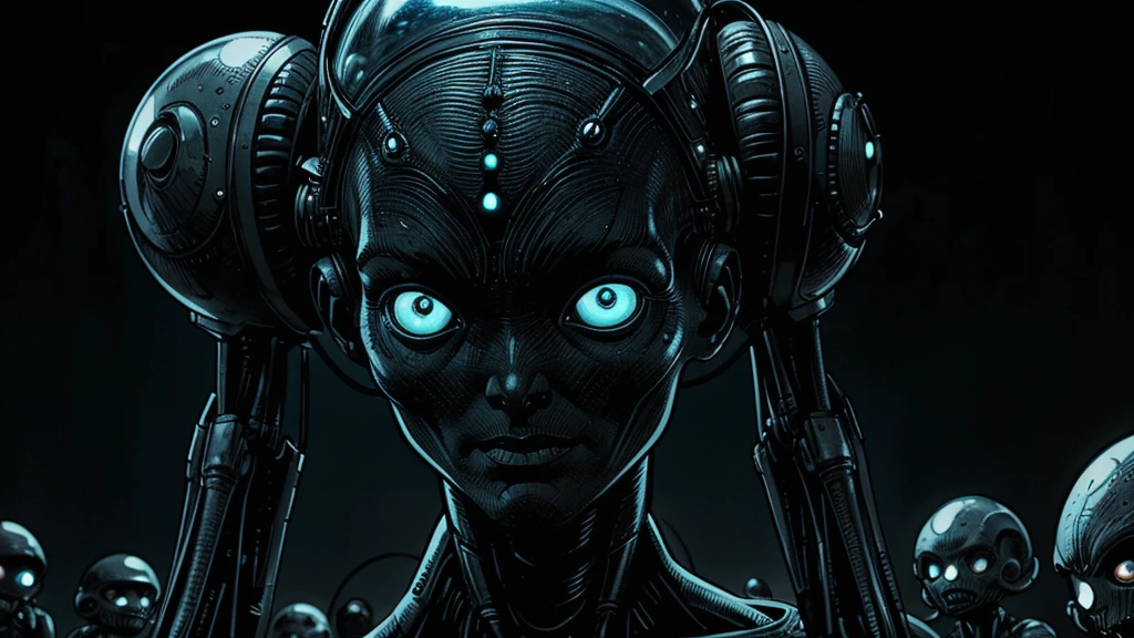 Multiple small alien beings have oversized, bulbous heads, enormous black almond-shaped eyes, thin gray skin, and spindly limbs. They're holding strange, glowing alien devices that emit eerie light. The image should be hyper-realistic, with vibrant colors, high contrast, and cinematic lighting. Render in ultra-detailed 8k resolution, focusing on the aliens' otherworldly appearance and their interaction with the 1950s environment.