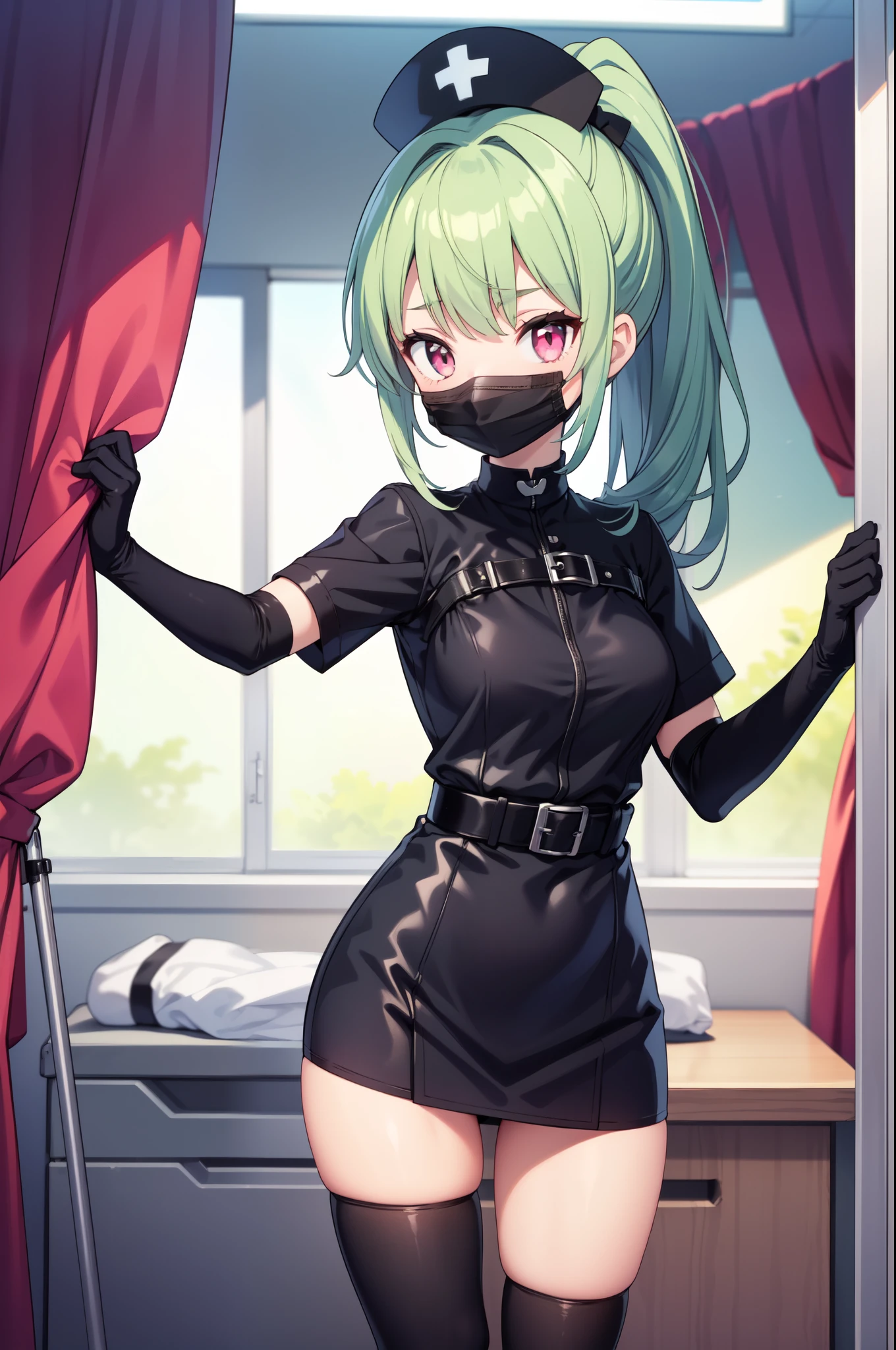 black nurse, 1girl, solo, black nurse cap, black nurse uniform, ((black legwear, zettai ryouiki)), black elbow gloves, ponytail, green hair, pink eyes, ((black surgical mask, covered nose)), standing, ((surgery room)), sharp outline, short sleeves, best quality, masterpiece