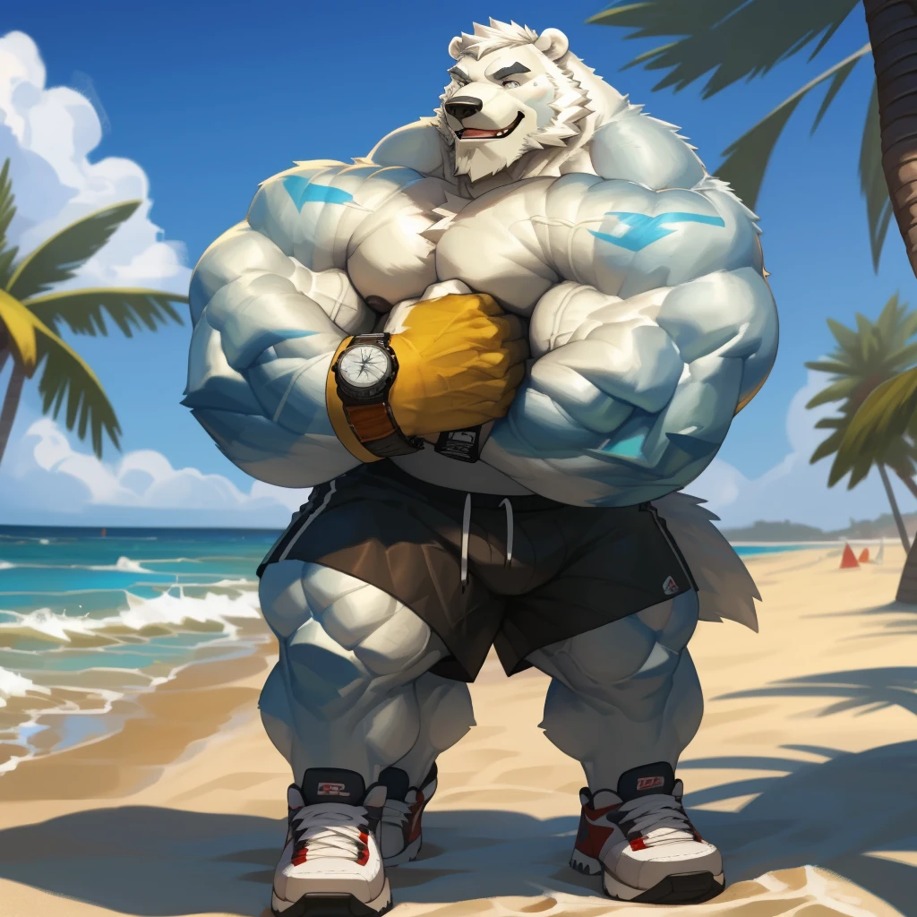 huge muscular polar bear in L.A. Beach, big smile, polar bear, huge white fur, thick arm, huge arm, bearded. white hair and beard, bearded, (muscular, pectoral, wide pectoral, thick arms), beach, palm, realistic, 8k, masterpiece, (wearing white shorts, wristbabd, watch and shirtless, shoes)