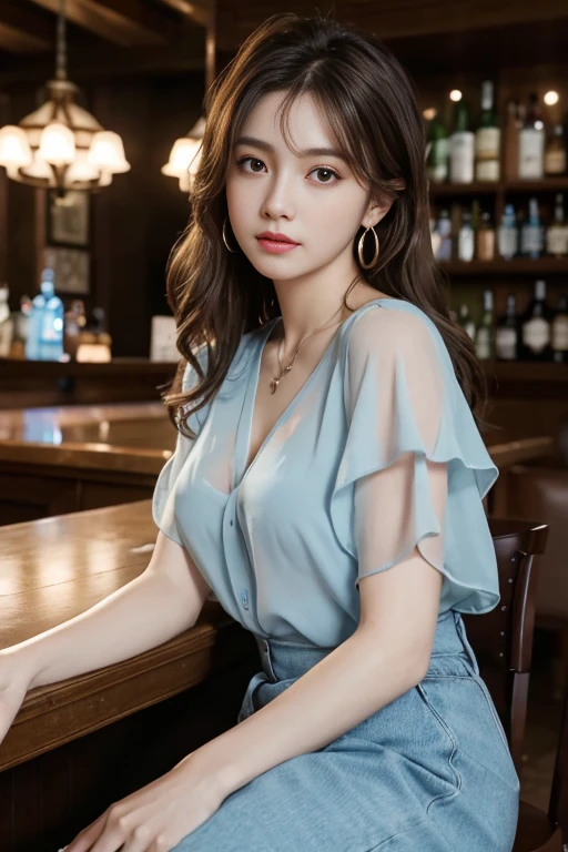 masterpiece, Highest quality, Realistic, Very detailed, Finer details, High resolution, 8k wallpaper, One beautiful woman, Wear a light blue see-through blouse, At the bar counter, At night, Light brown messy hair, Perfect dynamic composition, Beautiful and beautiful eyes、Big earrings、Sitting in a chair、
