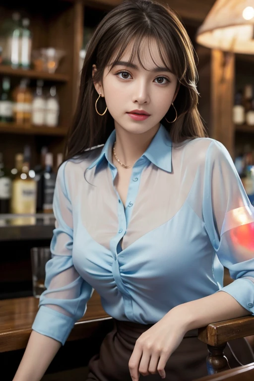 masterpiece, Highest quality, Realistic, Very detailed, Finer details, High resolution, 8k wallpaper, One beautiful woman, Wear a light blue see-through blouse, At the bar counter, At night, Light brown messy hair, Perfect dynamic composition, Beautiful and beautiful eyes、Big earrings、Sitting in a chair、