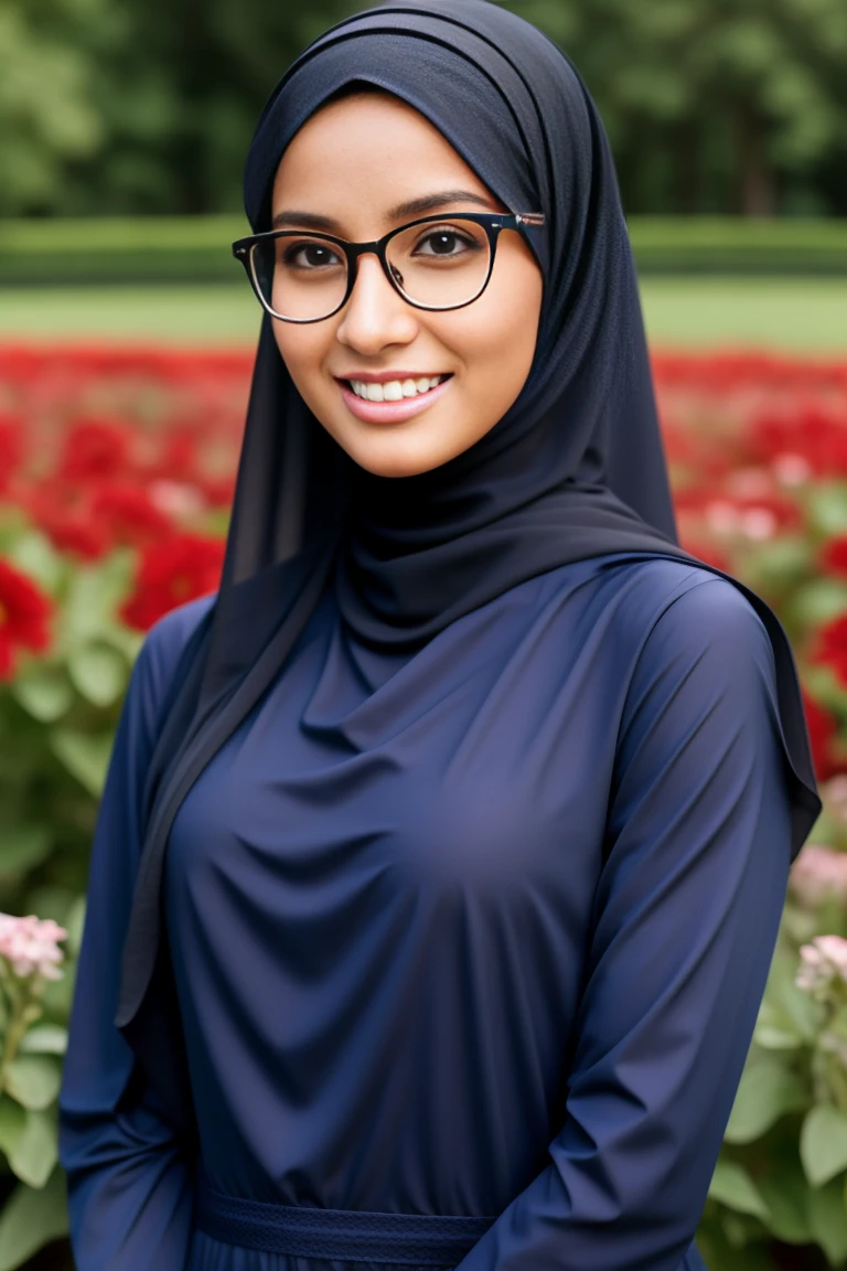 ultra realistic,16k, enhanced quality, perfect face, perfect hands, perfect body, ultra detailed, perfect hair, girl wearing glasses, perfect glasses, perfect smile, ultra realistic, ultra realistic background, full body image, posing for photo in flower garden, girl wearing perfect hijab,full body shooting, ultra realistic particles, perfect duck lips, full body shooting, Islamic hijab,