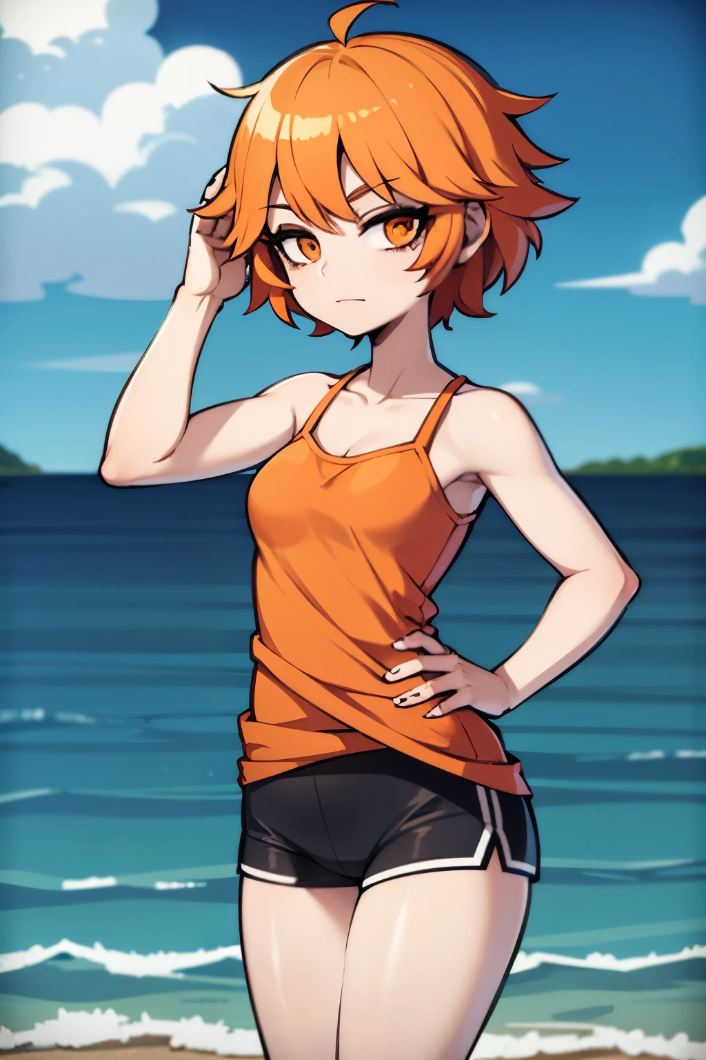 girl with short orange hair and orange eyes, with beach clothes