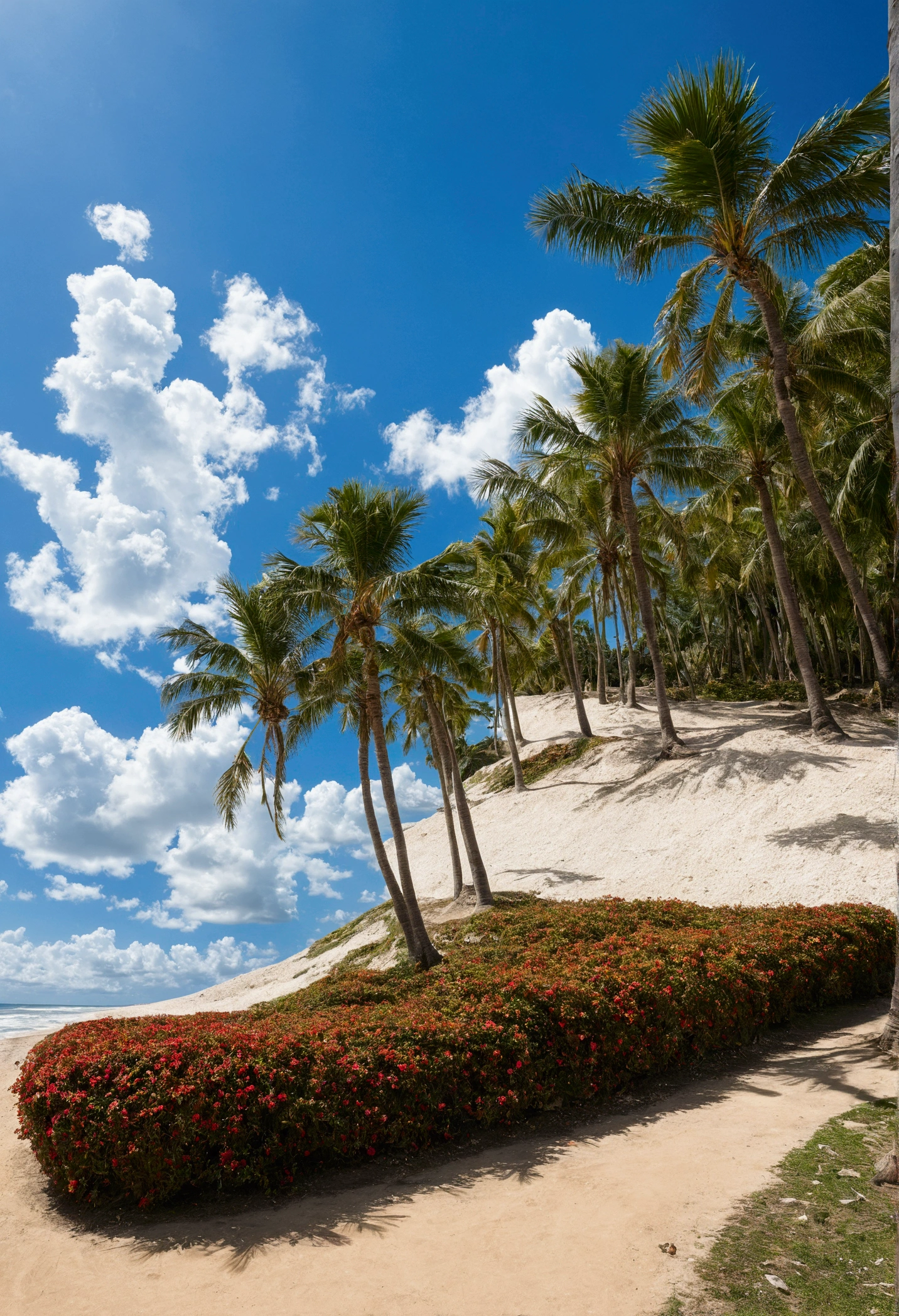 Large palm trees grow、The sky is deep blue and there are lots of white clouds