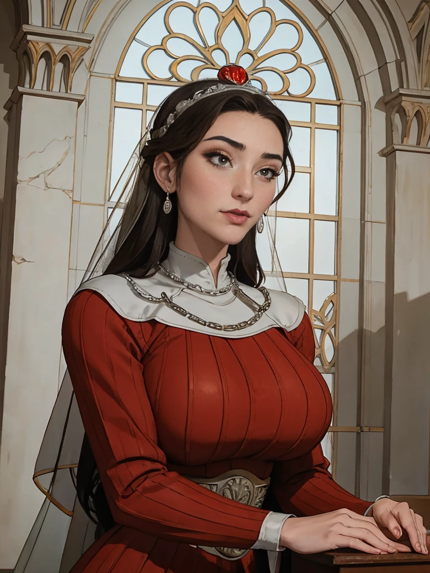 Beautiful and regal, imperious and aloof, busty athletic (thin) brunette queen with sharp facial features wearing a modest updo, dark red medieval dress, long sleeves, intricate patterns, scrollwork, wide neck, crown, veil, long dress, modest dress, tight bodice, (silver waist chain), medieval jewelry, Middle Ages, castle, rampart, wall, stained glass