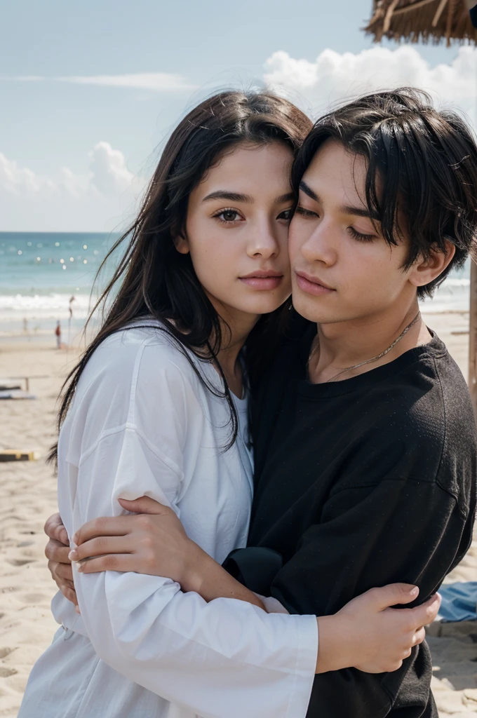 beautiful girl 19 years old, beautiful girl, score_9, score_8_top, score_7_top, source_anime, masterpiece, best quality, ((black hair)), makeup, open eyes, black eyes, full outfit, a woman with her son, ((woman hugging her son, 1 ,)), duo, realistic skin, realistic, children, on the beach, wearing beach clothes