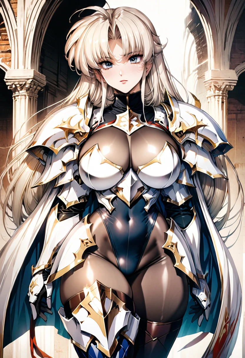 ((highest quality)), ((masterpiece)), ((hyperrealistic)), (detailed background), 1girl, ((curvy: 1.2)), perfect face, Langrisser, makeup, holding weapon, ((Combat leotard: 1.5)), ((catsuit)), ((white paladin armor: 1.3)), ((long skirt)), (cloak de cour), gauntlet, gloves, silver straight hair, ahoge, parted bangs, (huge breasts), (see-through cleavage cutout), (pantyhose thigh), (zettai ryouiki armored thigh high boots), beautiful eyes, Perfect hands, perfect fingers,