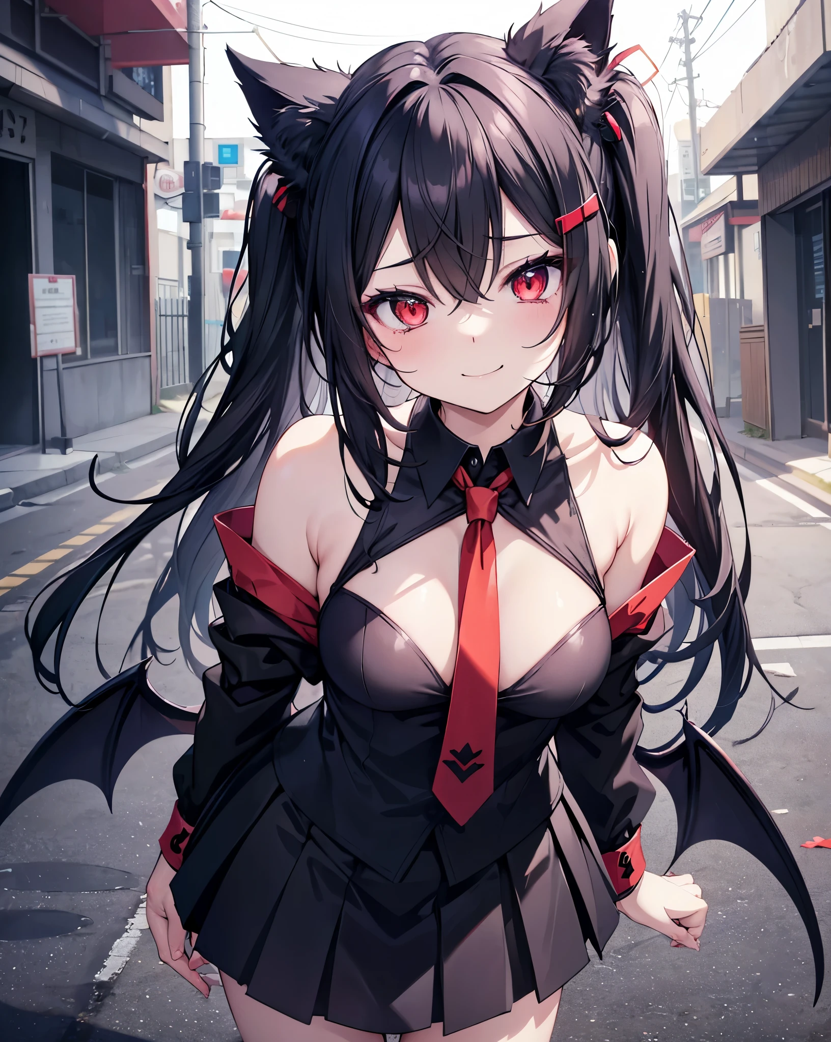 A succubus nekogirl, neko ears, demon tail, smiling with one kawaii Protruding canine as in anime, Horny face Foaming at the mouth. Black hair, red eyes, beautifull , cute and sexy. Little black and red demon Wings.She wants me.black with loose necktie and skirt. bare shoulders.lollipop girl. She is 24 years old.She is crawling towards me sensually,. Anime Scenery and cinematic.hdr.