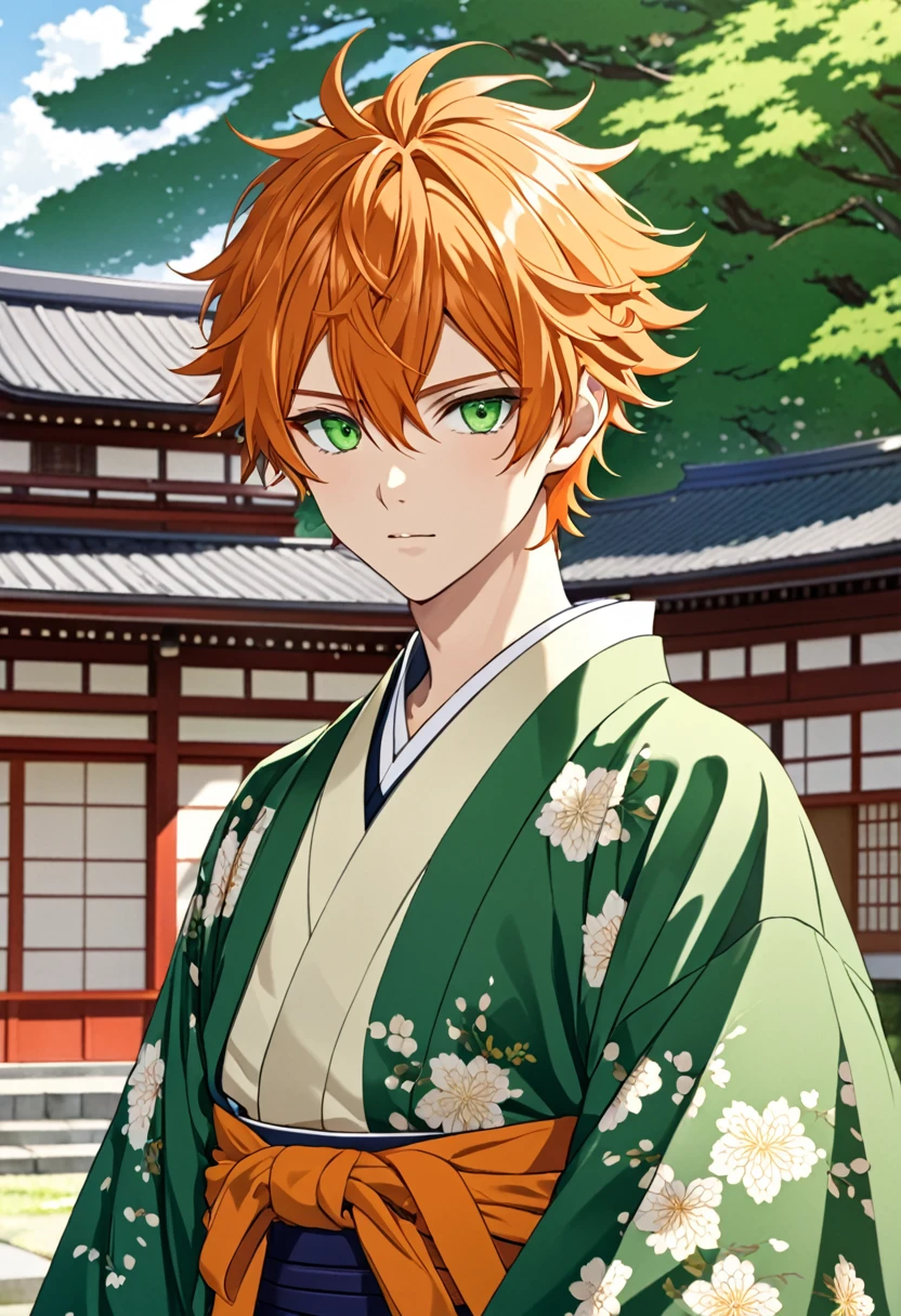 Anime boy, orange messy hair, fringe reparted in three parts, light and bright green eyes, vintage royal Japanese clothes, Japanese temple background