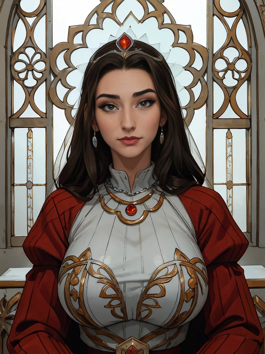 Beautiful and regal, imperious and aloof, busty athletic (thin) brunette queen with sharp facial features wearing a modest updo, dark red medieval dress, long sleeves, intricate patterns, scrollwork, wide neck, crown, veil, long dress, modest dress, tight bodice, (silver waist chain), medieval jewelry, Middle Ages, castle, rampart, wall, stained glass
