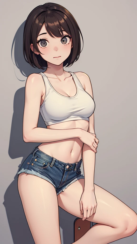 (((masterpiece, best quality, ultra highres, 1 girl, solo, no background))), super detailed skin and face and eyes and finger, beautiful japanese woman, small breasts:1.5, skinny, light brown hair, white background, very short pixie hair, Knee shot, Generate with illustrations, Various expressions, Various poses, Please draw the entire character within the frame, ensuring that the head, arms, and legs are not cut off. The background should be simple, with the character positioned centrally, outline, anime, 2d, boyish, tank top, denim shorts, gag face,