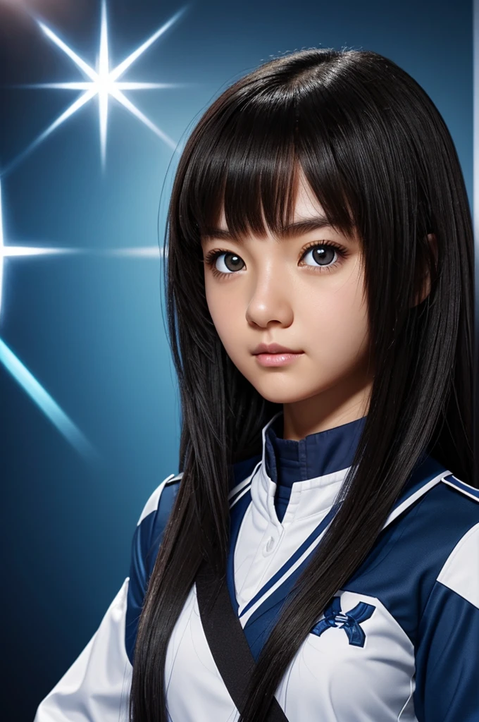Screenshot of my hero academy Black-haired girl with locks full of blue stars with light brown eyes, she has a serious expression, she is wearing the UA uniform.