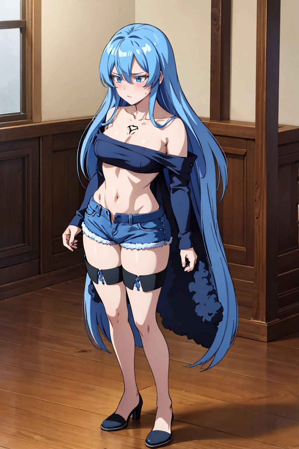 (artwork, best quality) a girl with long messy blue hair, blue eyes, blue eyelashes, blue denim mini shorts, long black stockings, off the shoulder top, standing, tattoo, perfect big body, 4k hd, upset, blushing, in a room, (full body)