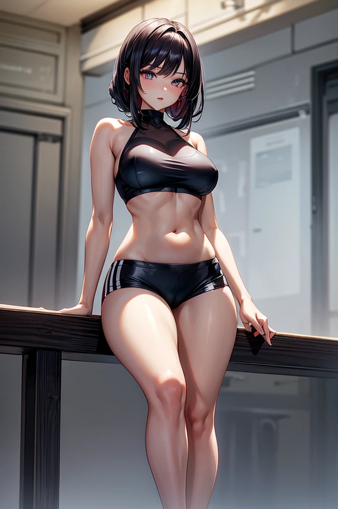 masterpiece, super detailed, precision art, beautiful young woman, , solo girl , halter neck modest sports bra, waist length dark sleek ink-black-violet hair, sharp facial features, high bridged nose, modest gym shorts that cover the thighs, oval shaped face, lightly tanned white skin, beautiful and dreary velvet colored eyes, thick and plump cherry red lips, slender and slim body with amole curves for her frame, long slender legs, ankle-length sandals,, hip level shot,