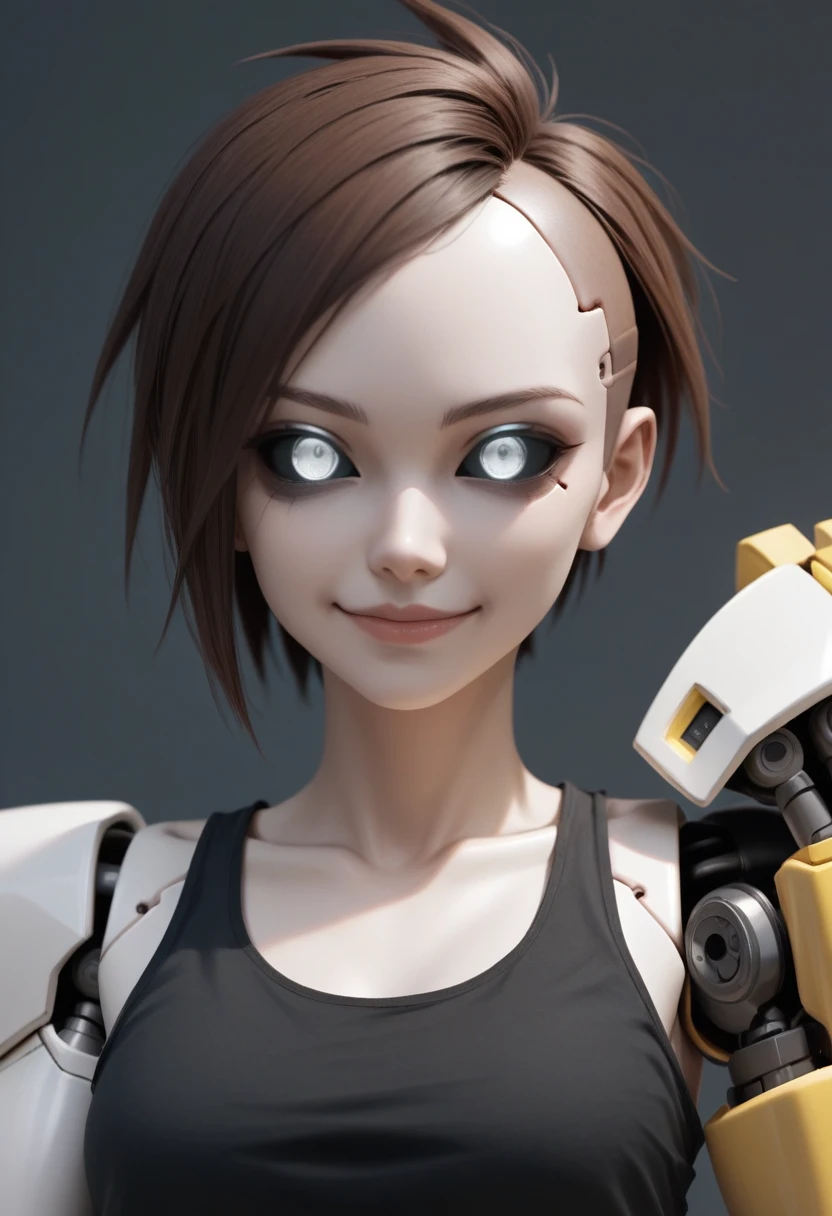 (Anime, 1girl, brown hair, grey eyes, dark punk clothes, black tank top, yellow bandana, portrait, Robot girl, Mecha, Android, mechanical limbs, robot joints, metal pale skin, black sclera, no mouth, glowing eyes, no face, smug face), score_9, score_8_up, score_7_up