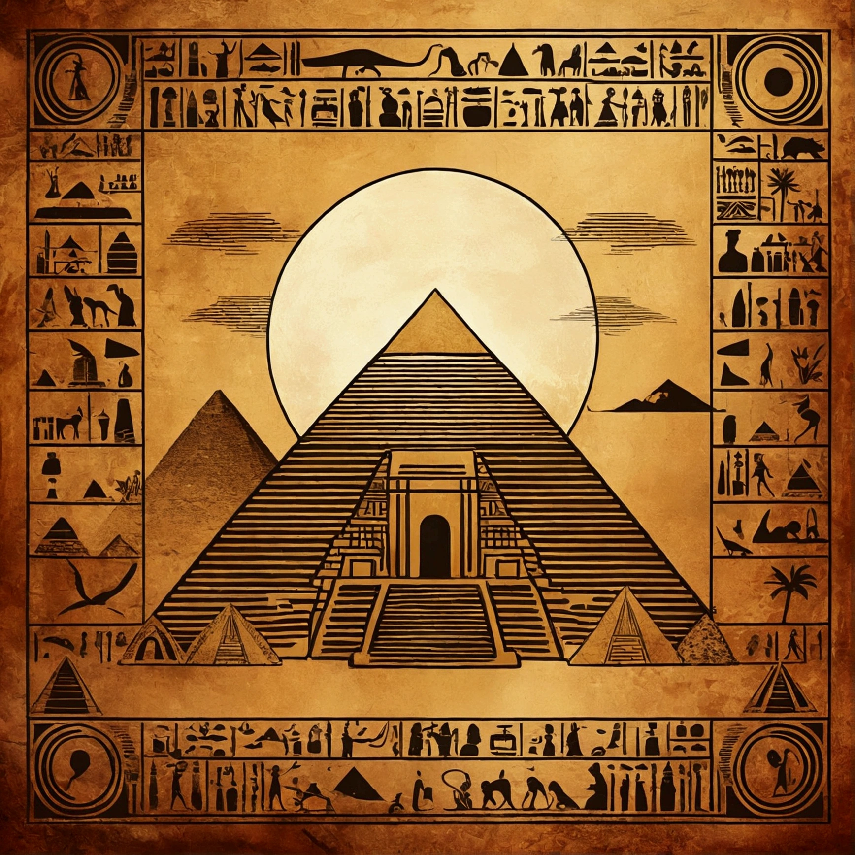 Create a background surrounded by hieroglyphics and beauty symbols, include silhouettes of pyramids and temples, with a mystical atmosphere that evokes the spirituality of Ancient Egypt