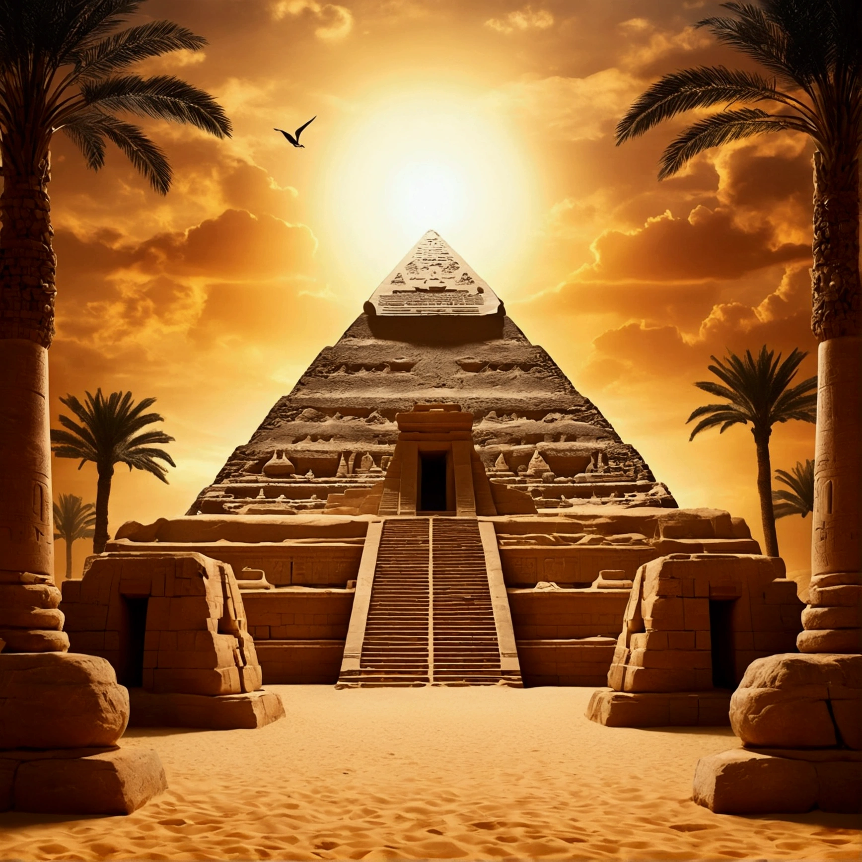 Create a background surrounded by hieroglyphics and beauty symbols, include silhouettes of pyramids and temples, with a mystical atmosphere that evokes the spirituality of Ancient Egypt