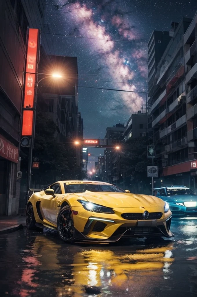 old rundown futuristic road at night with nebulous stars, and a high-tech neon sports car racing through the water,