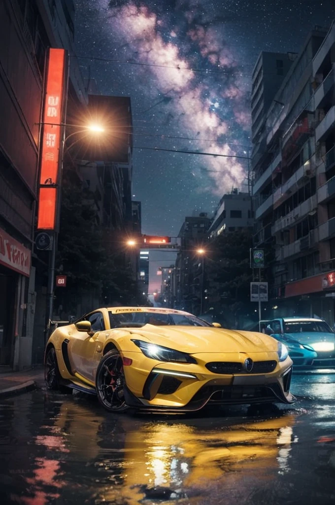old rundown futuristic road at night with nebulous stars, and a high-tech neon sports car racing through the water,