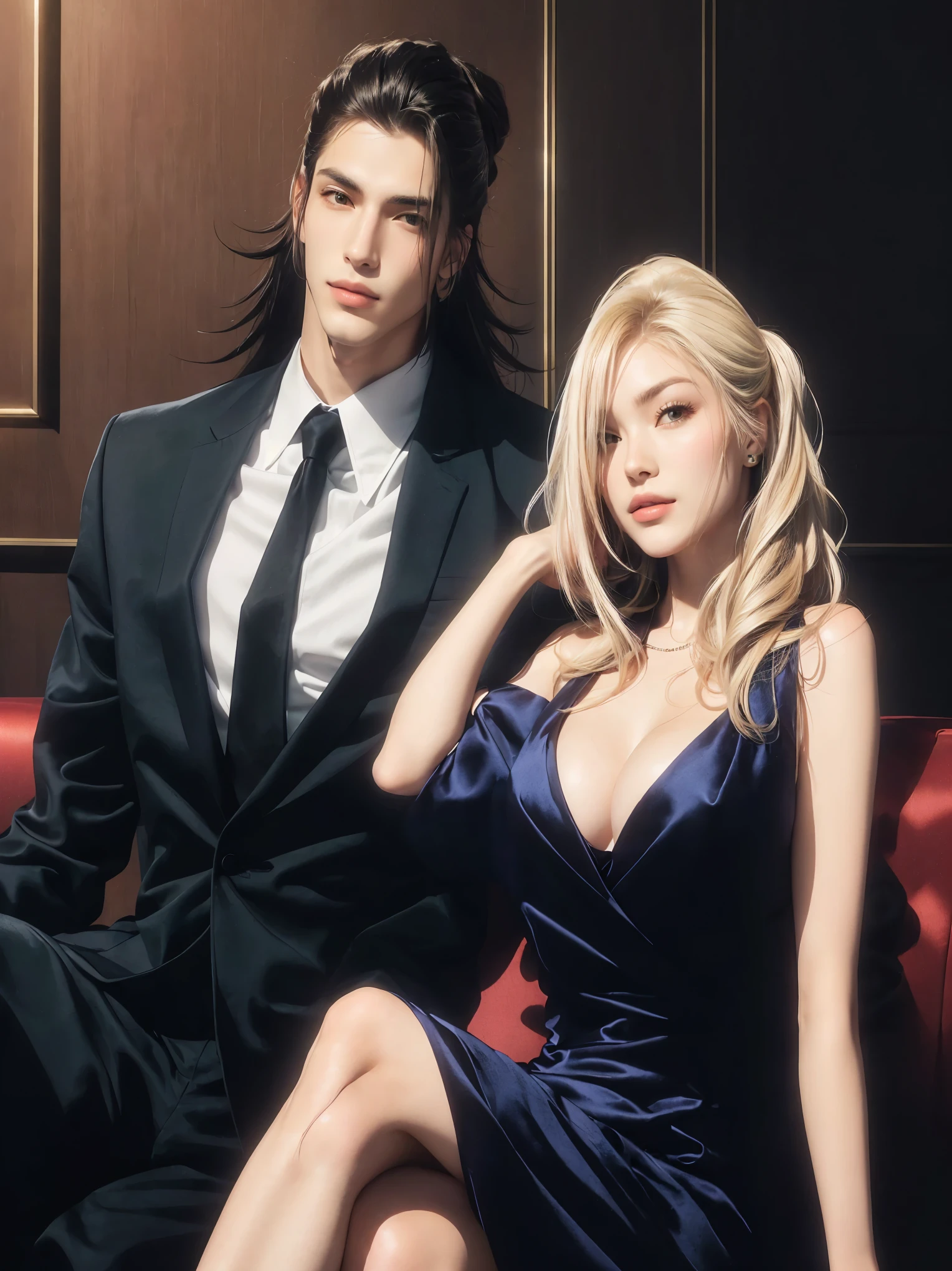 Woman and man sitting on a sofa wearing elegant clothes, realistic.