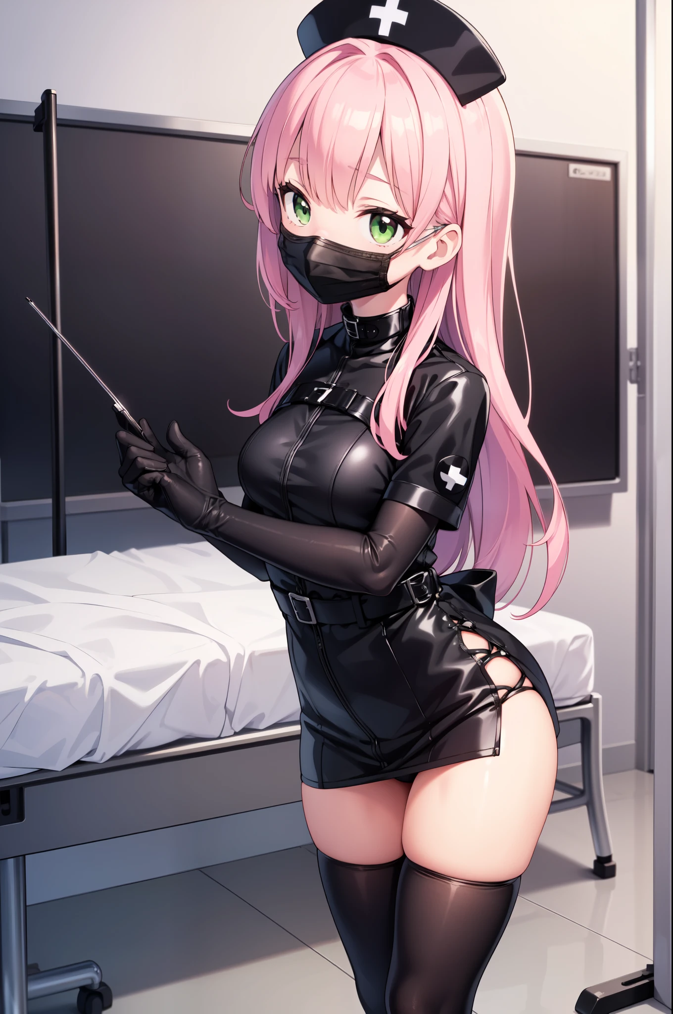 black nurse, 1girl, solo, black nurse cap, black nurse uniform, ((black legwear, zettai ryouiki)), black elbow gloves, pink hair, green eyes, drooping eyes, ((black surgical mask, covered nose)), standing, ((surgery room)), sharp outline, short sleeves, best quality, masterpiece