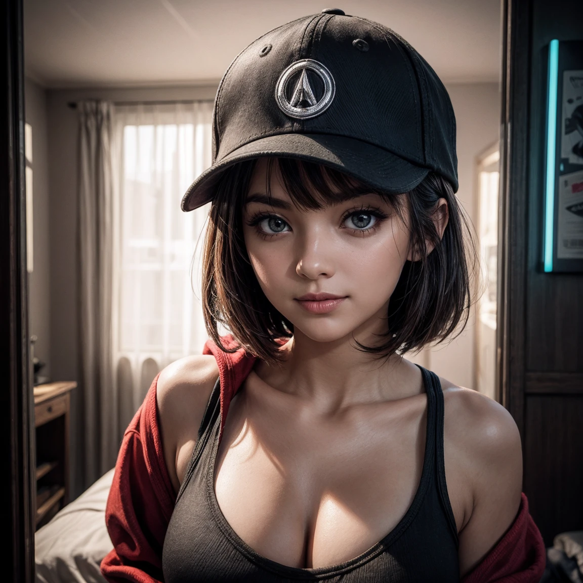 (masterpiece), best quality, expressive eyes, frontal pose, smile closed, perfect face,portrait face , Brown eyes, Eve, Short bob haircut, Stellar blade, Fringe hair, Athletic body, Ponytail hair, unreal engine skin:0.3,blushing cheeks:1.4, tight breast, looking at viewer,, cyberpunk bedroom, night, neon glow spothlighs in the walls, (snapback hat, Red hoodie hip hop clothes), high eyes details, ((soft eyes:1.4)(