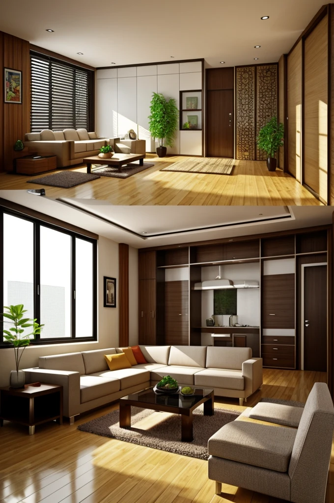 Create me a rectangular room and an arrangement of objects that conform to feng shui