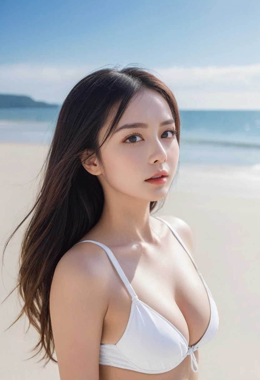 beautiful girl White Bikini Large upper body and emphasis on breasts I can see her cleavage Mouth half open Looking up
Background、Beach and blue sky