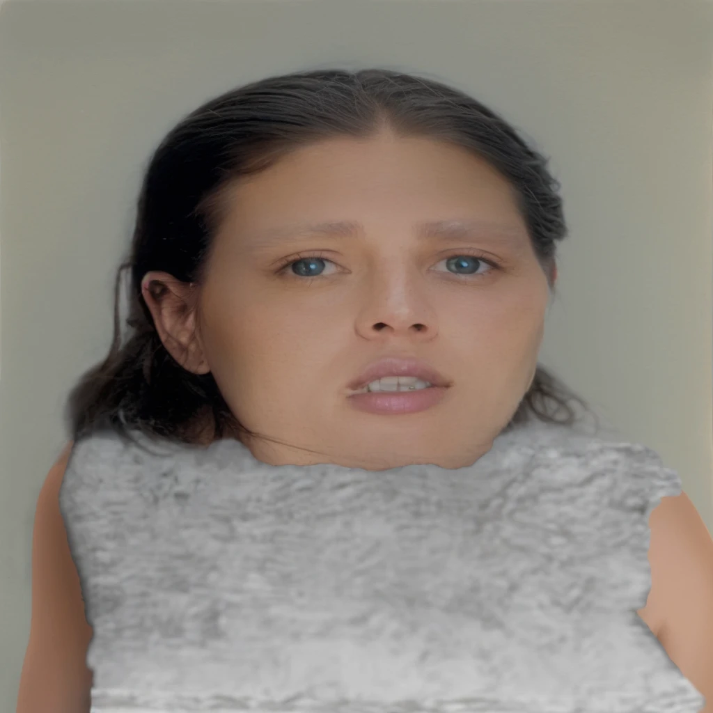 there's a young girl with a fake face in a box, Hybrid child, Little , old libu young, chin cleft, cursed image, nasty , photoscan, digitl art, but photo, realistic restored face, patricia piccinini, realistically rendered face, cursed images, enhanced face, 1800s photo of a deformed