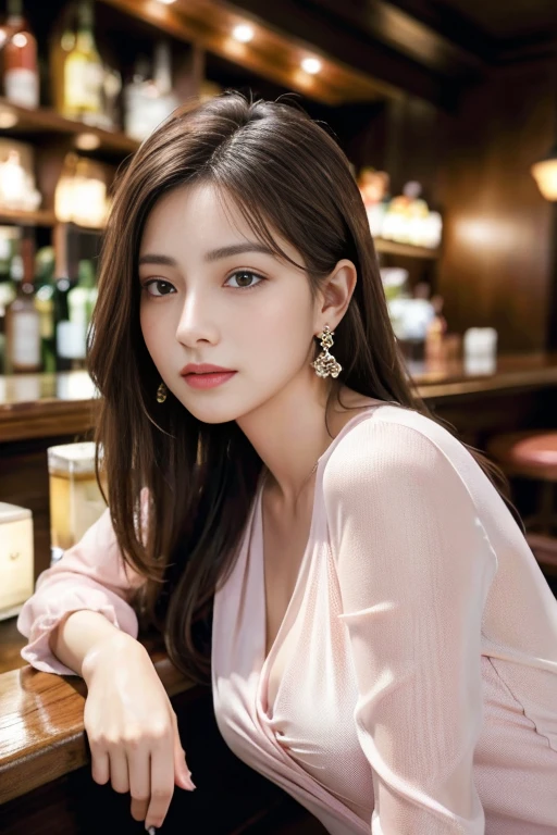 masterpiece, Highest quality, Realistic, Very detailed, Finer details, High resolution, 8k wallpaper, One beautiful woman, Wear a light pink see-through blouse, At the bar counter, At night, Light brown messy hair, Perfect dynamic composition, Beautiful and beautiful eyes、Big earrings、Sitting in a chair、