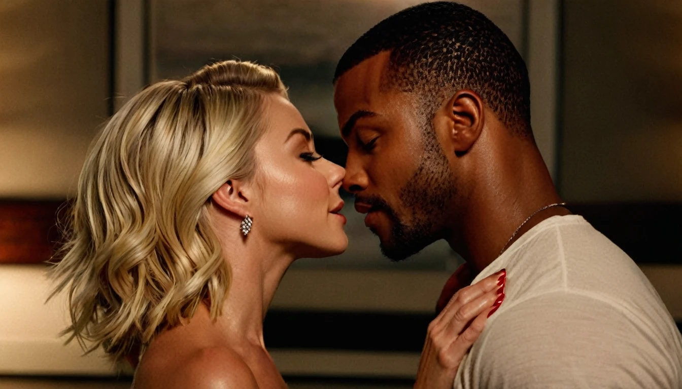 Julianne Hough and a handsome African American male whose facial features are a combo of Isaiah Mustafa + Ray J share a steamy kiss inside a bedroom lit only by candlelight. Julianne has lovely makeup on her face. Nighttime. Romantic ambiance. Symmetrical eyes. Symmetrical faces. Lovely details. Photorealistic. Full-colored photo. Professional photo. Highly detailed 8K.