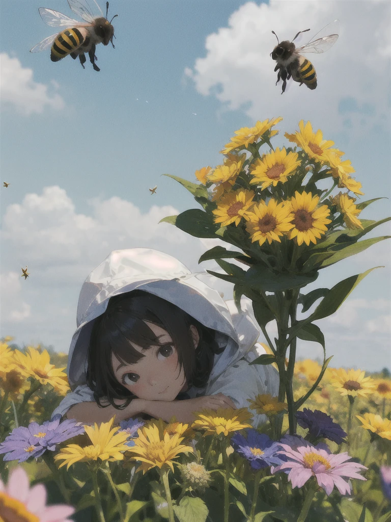 Micro girl sits in the heart of a flower. Bees fly around her.