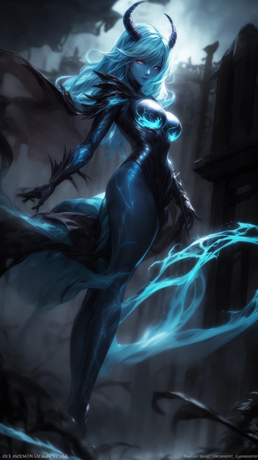 Storyboard, masterpiece, highest quality, dragonlady queen, perfect demoness, long legs, hourglass fugure, bright blue glowing eyes, detailed eyes (1.4), scars on face, villainous expression, blue flaming skin body with bioluminescent glowing pattern, ready for battle, blurred stormy background, dark atmosphere, lighting in background,full body,