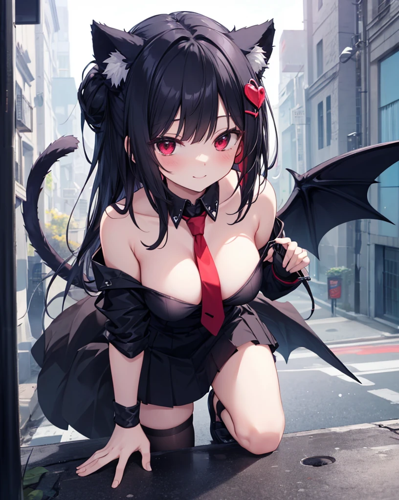 A succubus nekogirl, neko ears, black demon tail with a heart At the end , smiling with one kawaii Protruding canine as in anime, Horny face. Black hair, red eyes, beautifull , cute and sexy. Little black and red demon Wings.She wants me.black with loose necktie and skirt. bare shoulders.lollipop girl. She is 24 years old.She is crawling towards me sensually,. Anime Scenery and cinematic.hdr.