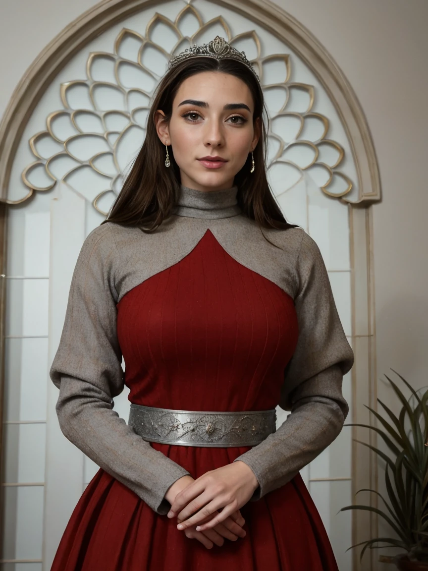 Beautiful and regal, imperious and aloof, busty athletic (thin) brunette queen with sharp facial features wearing a modest updo, dark red medieval dress, long sleeves, intricate patterns, scrollwork, wide neck, crown, veil, long dress, modest dress, tight bodice, (silver waist chain), medieval jewelry, Middle Ages, castle, rampart, wall, stained glass