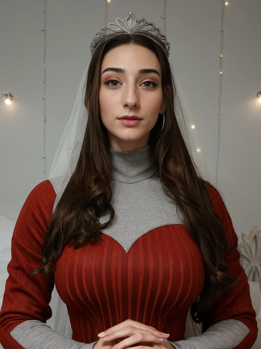 Beautiful and regal, imperious and aloof, busty athletic (thin) brunette queen with sharp facial features wearing a modest updo, dark red medieval dress, long sleeves, intricate patterns, scrollwork, wide neck, crown, veil, long dress, modest dress, tight bodice, (silver waist chain), medieval jewelry, Middle Ages, castle, rampart, wall, stained glass