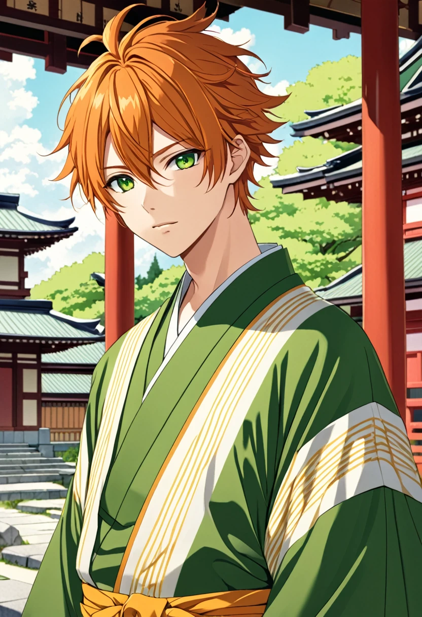 Anime boy (character: Akito Shinonome), orange messy hair, fringe reparted in three parts with a yellow lock of hair on the middle, light and bright green eyes, vintage royal Japanese clothes, Japanese temple background