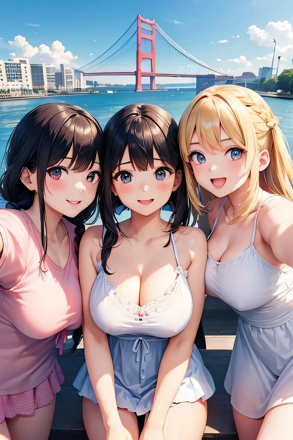 Highest quality、High resolution、Detailed Background、(Beautiful face in every detail:1.4)、Detailed facial expressions、Anatomically correct、(Detailed eyes:1.2)、Teenage beauty、(Huge :1.2)、cute hair color、Braided Ponytail、Braided bob cut、Braided twin tails、Perfect body line、cute gesture、Innocent joy、A fun atmosphere、In a joking manner、

(Three beautiful girls having fun taking a selfie together with their friends:1.5)、

Odaiba Seaside Park is a park by the sea where you can take selfies with the Rainbow Bridge in the background.、cute