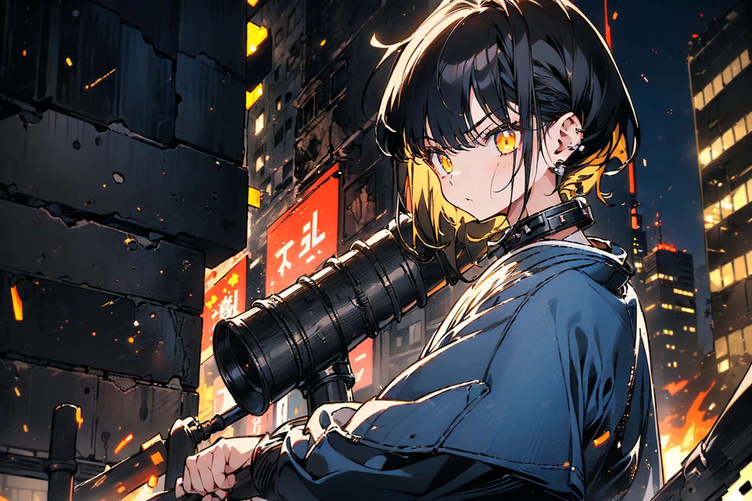 ((1 GIRL)) ((High Resolution)) ((10k,asian girl)), ((Japanese)) (( physically mature female)) (( average sized breasts)), 25-year-old, (( 2d anime girl)), ((short dark-haired)), ((windswept hair)) ((ultra high quality))((flawless))((4k UHD)) ((Best Quality)) ((Daytime)) ((eyes glowing yellow )), wearing a ((black long sleeve shoulderless, blank T-shirt)) wearing ((blue jeans)) and black and yellow sneakers with (((blood splattered))) on it and her face, standing in the street ((facing front and center turned toward the camera)) in a ((ruined city)) filled with ((heavily damaged)) and worn (( tall skyscrapers with gaping holes in their structures while on fire)) and ((crushed vehicles on fire)) ((city in ruins)) and small and ((raging fires all around)) and an ((intimidating)) look on her face.