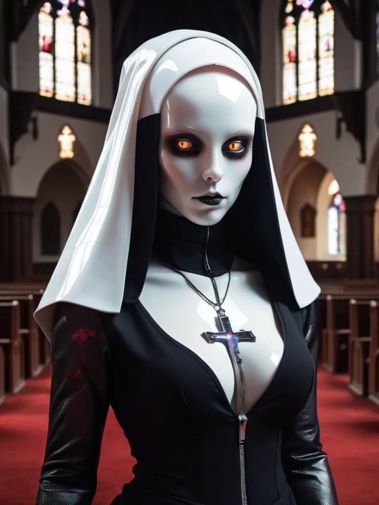 ral-opal, meahophontron, full body, woman robot face, devil nun, negro, looking at camera, body nun clothes (DARK CHURCH ENVIRONMENT)