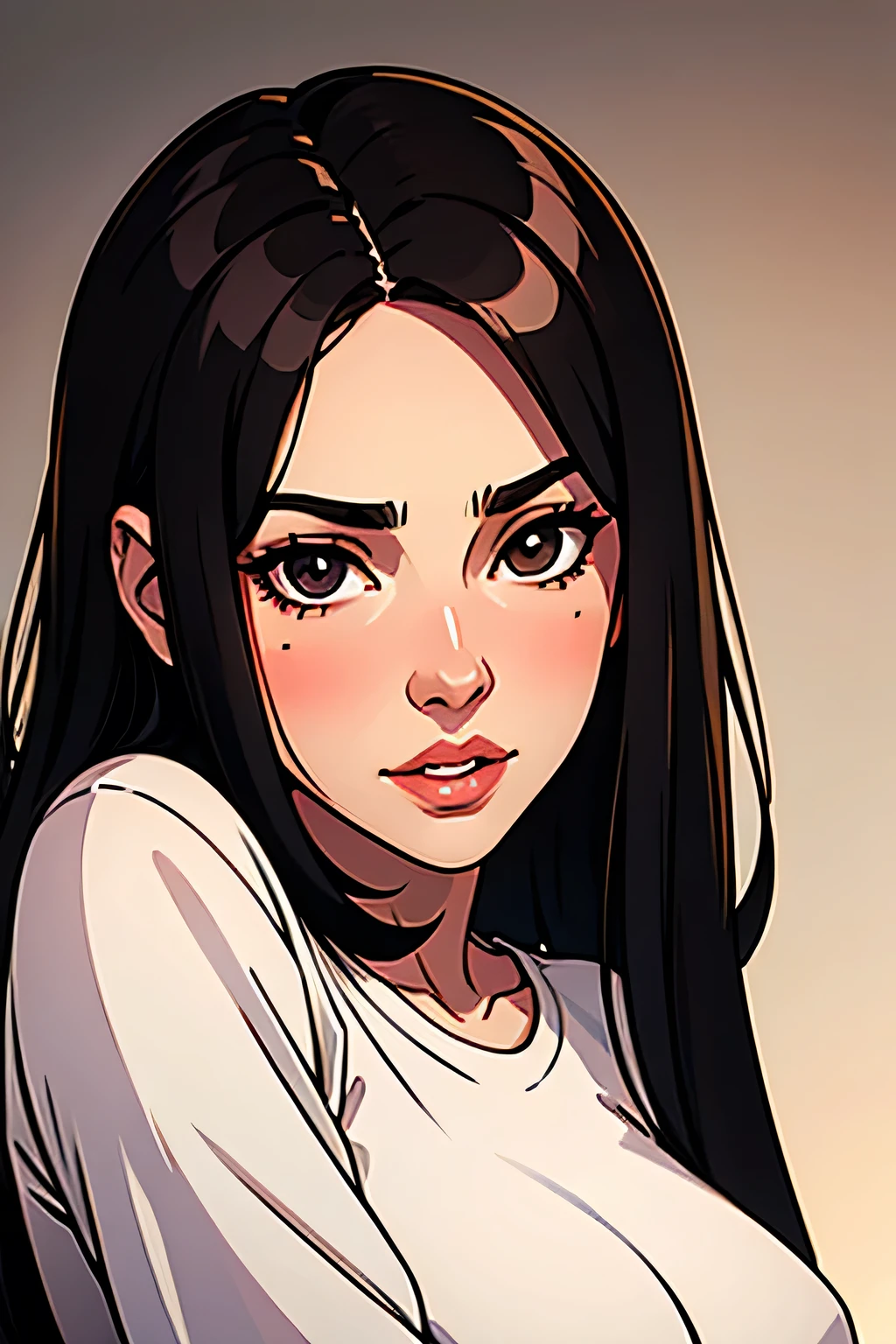 Amazing portrait of a sexy and cute woman with a beautiful face with black brown long straight hair and weak eyes while blushing intensely and her lips are parted being ready to kiss wearing a long oversized white shirt