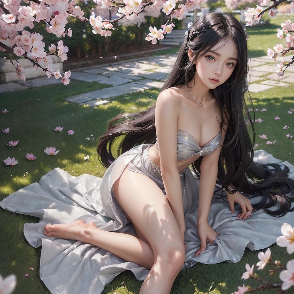 (Girl:1.5),race,ribbon,(masterpiece, Side light, Beautiful detailed grey eyes: 1.2), Mid-chest, Realistic, Glowing Eyes,Shiny Hair,Black Hair,Long, long hair, Shiny skin, alone, Embarrassing,Strapless,Exquisite,beautifully,garden,Flowers,Fluttering petals, barefoot, Cherry Blossom, Cinematic Light, Structure of the film, Rich Expressions