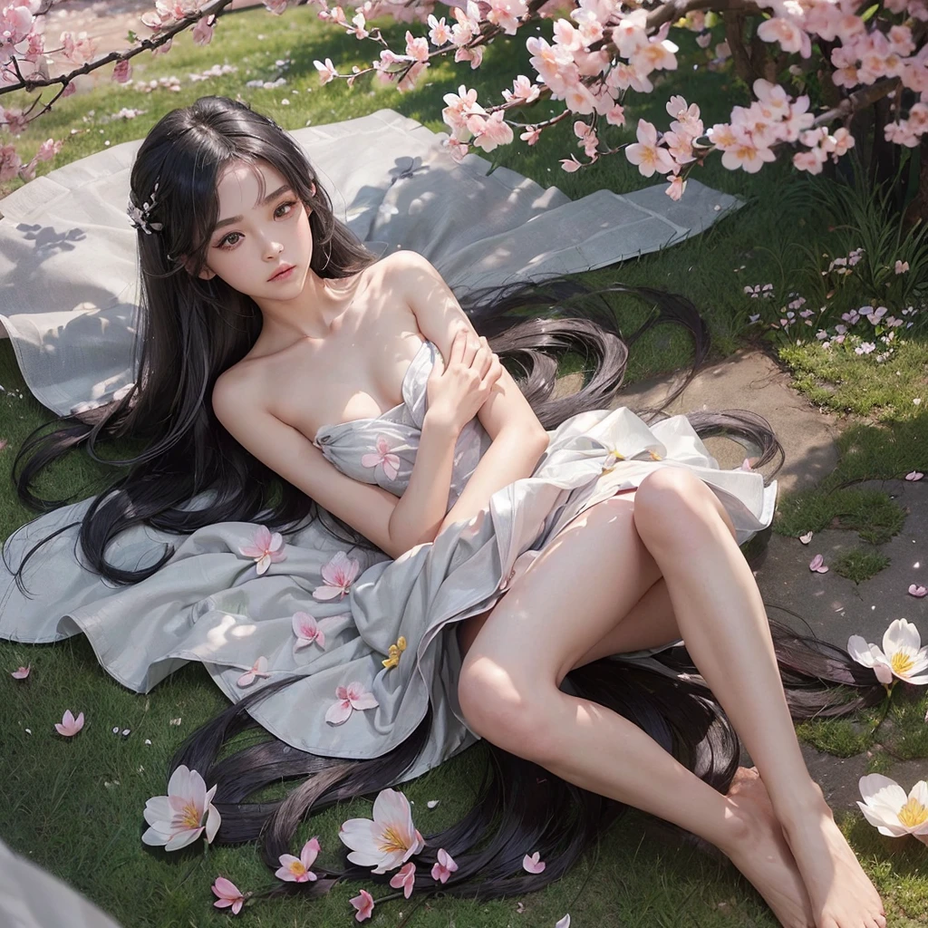 (Girl:1.5),race,ribbon,(masterpiece, Side light, Beautiful detailed grey eyes: 1.2), Mid-chest, Realistic, Glowing Eyes,Shiny Hair,Black Hair,Long, long hair, Shiny skin, alone, Embarrassing,Strapless,Exquisite,beautifully,garden,Flowers,Fluttering petals, barefoot, Cherry Blossom, Cinematic Light, Structure of the film, Rich Expressions