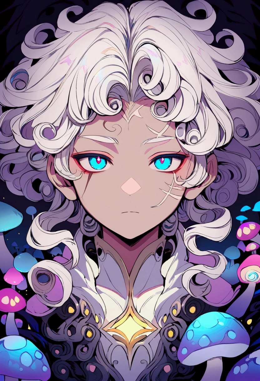 Boy with curly hair with white highlights, dark-skinned, with a scar on the eye from the eyebrow to below the wandering eye region, in mushroom world