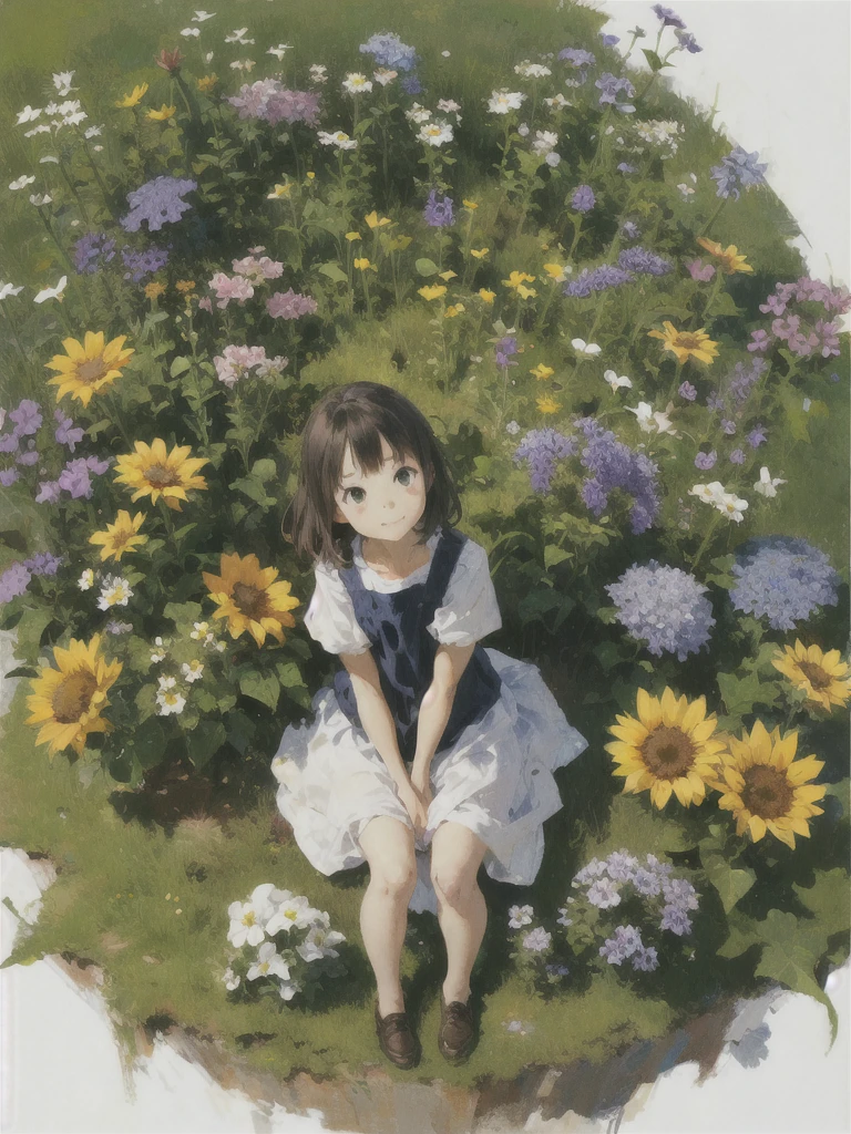 Tiny girl (micro sizes, reduced) sits in the middle of a flower. Huge bees fly around her. 