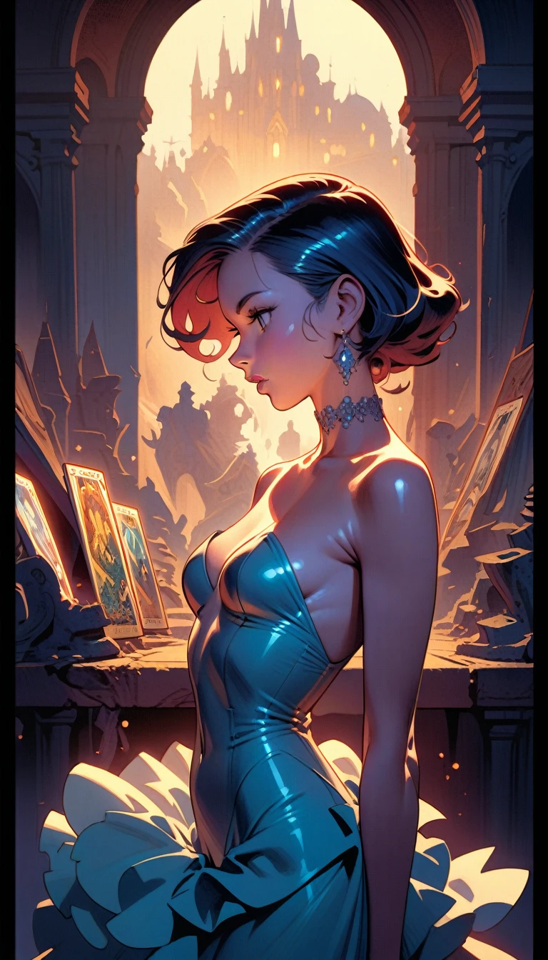((best quality)) , ((masterpiece)) , (detailed),illustration art by Dave Stevens and Lillian Bassman, Graceful (Man:1.2) , Multicolor hair styled as Caesar cut, Comic books, graphic novels, retro style, pin-up art, Fashion and art,elegant and sophisticated, innovative use of light and shadow, capturing the glamour of mid-20th century fashion, portrait art by Mary Cassatt, glossy, ambient, Complex, full color, fine artistic composition, enchanted,(((Tarot card illustration)))