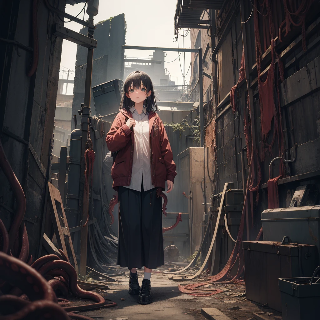 ８age、Girl captured by tentacles in abandoned factory、Tentacles in a skirt、Pants fabric texture、Cry