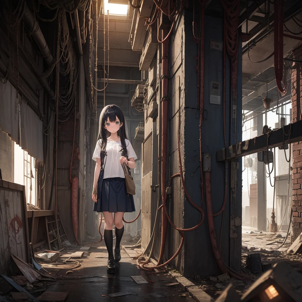 ８age、Girl captured by tentacles in abandoned factory、Tentacles in a skirt、Pants fabric texture、Cry