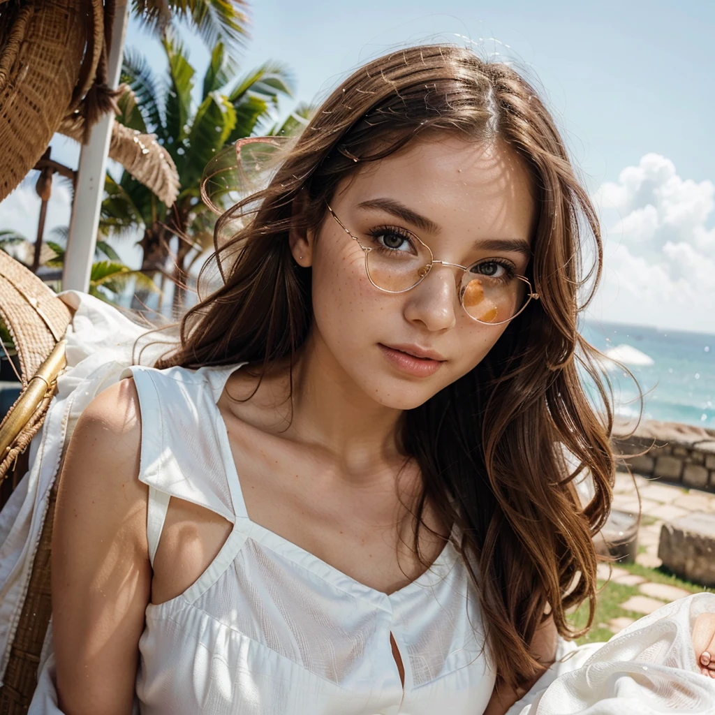 Create a very realistic and beautiful model with the following detailed features: Gender: Female, Age: Young adult (approximately 20-25 years old), Hair: Long, wavy and reddish with a natural shine, gently cascading around the shoulders and back back. . . . . . . . . . . . . . , Eyes: Bright green with a captivating, slightly almond-shaped look, detailed with natural highlights, Skin: Fair complexion with a light texture, including natural freckles on the nose and cheeks, giving a youthful and vibrant appearance: Fair complexion with a light texture, including natural freckles on the nose and cheeks, giving a youthful and lively appearance, Face: with a smooth and natural contour, soft and full lips with a slight pinkish tint and a slightly delicate upturned nose, Expression : a sweet face, with a touch of mischief, which transmits warmth and accessibility,
Clothing: in a white dress and sunglasses, on a horse, wearing a white dress, a white dress, a white dress, a white dress and glasses, a restrained white dress, a silky white dress, white clothes at the fashion, a Girl in a white dress, wears white clothes, Girl in a white dress, smooth white tight dress, wears an elegant outfit, chic haute couture, All white, Background: the model is in accessories, on a horse, on a horse, on a horse Pose: relaxed and confident posture, on a horse, late sunny day, sea view in the background. aesthetic, Unsplash, Neoclassicism, Complex background, Best quality, hyper detailed, Gratty Sita, 64K, Light design